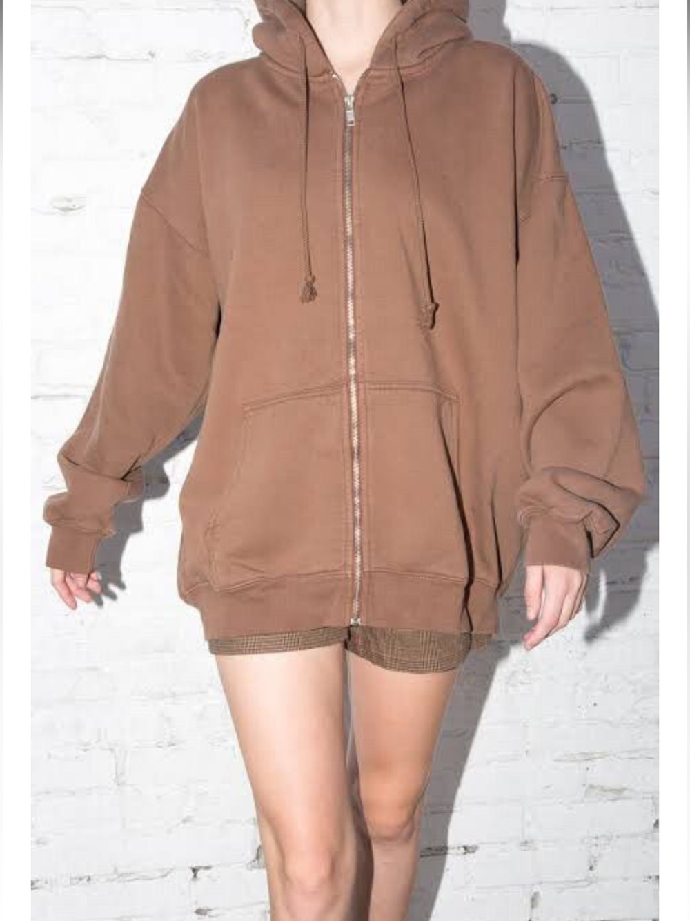 Brandy Melville Carla Zip Up Hoodie Brown Oversized Baggy Heavyweight  OS Fleece